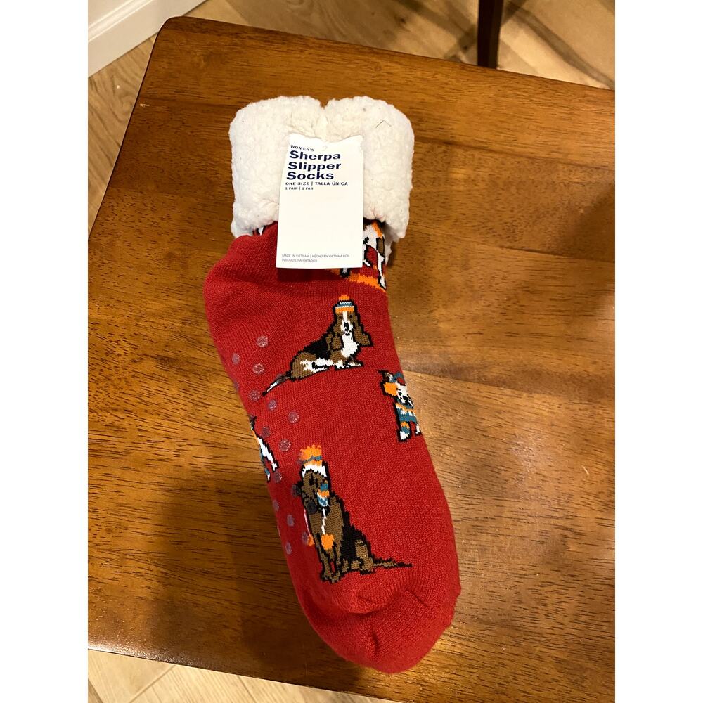 Women's Sherpa Slipper Socks Dog Friends Red One Size